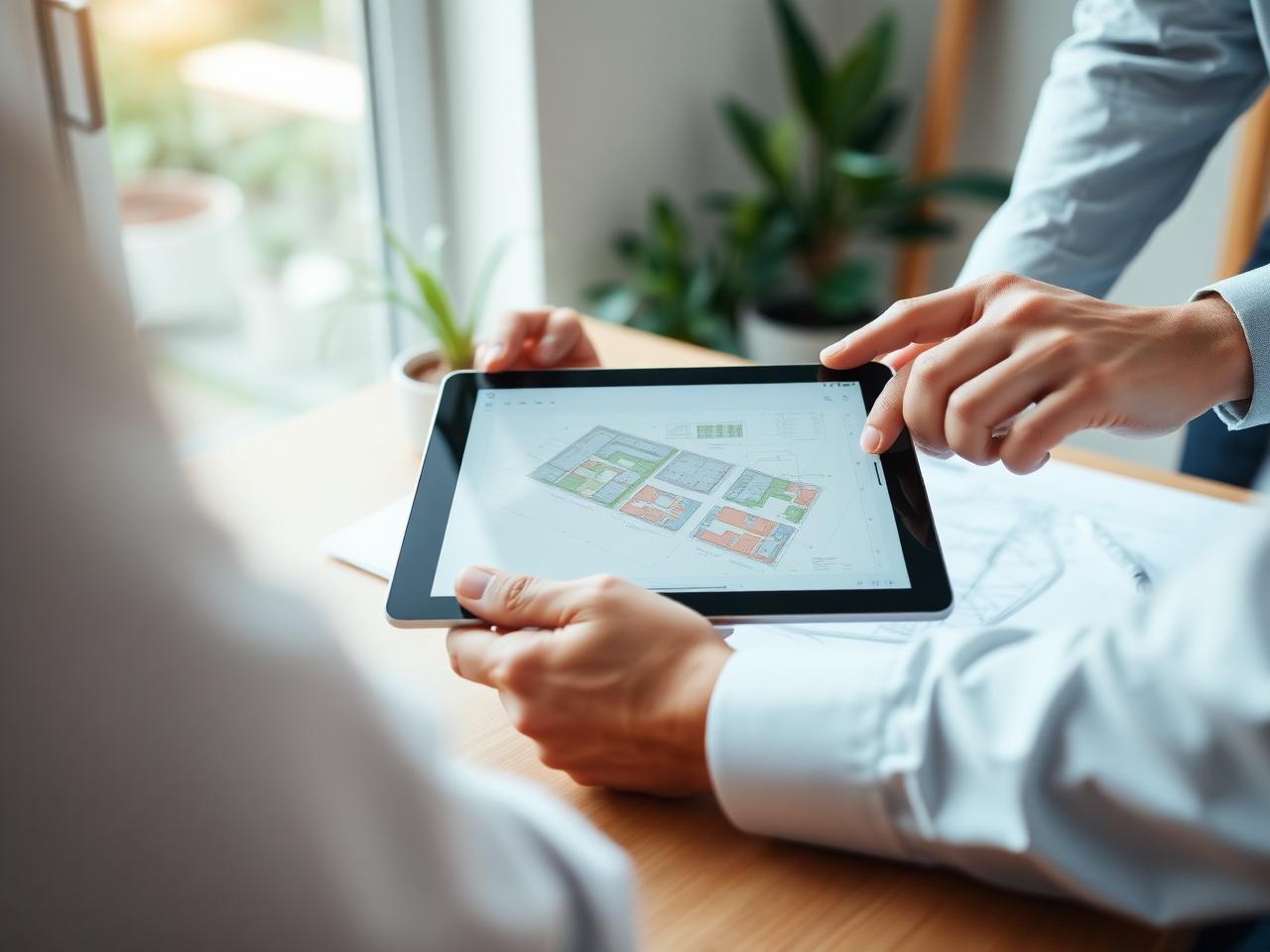 Developer and engineer reviewing plant room schematics on a tablet