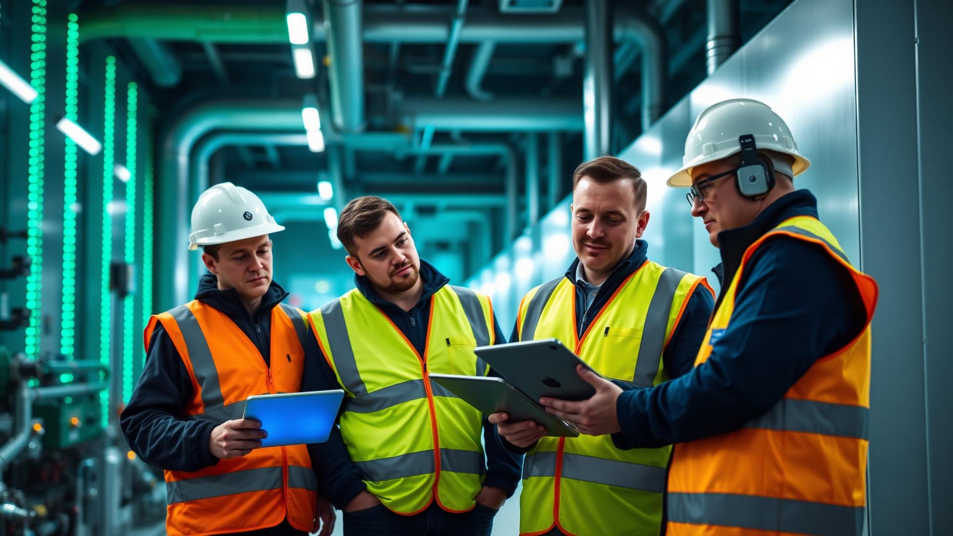 PCM commissioning engineers reviewing plant-room data on tablets