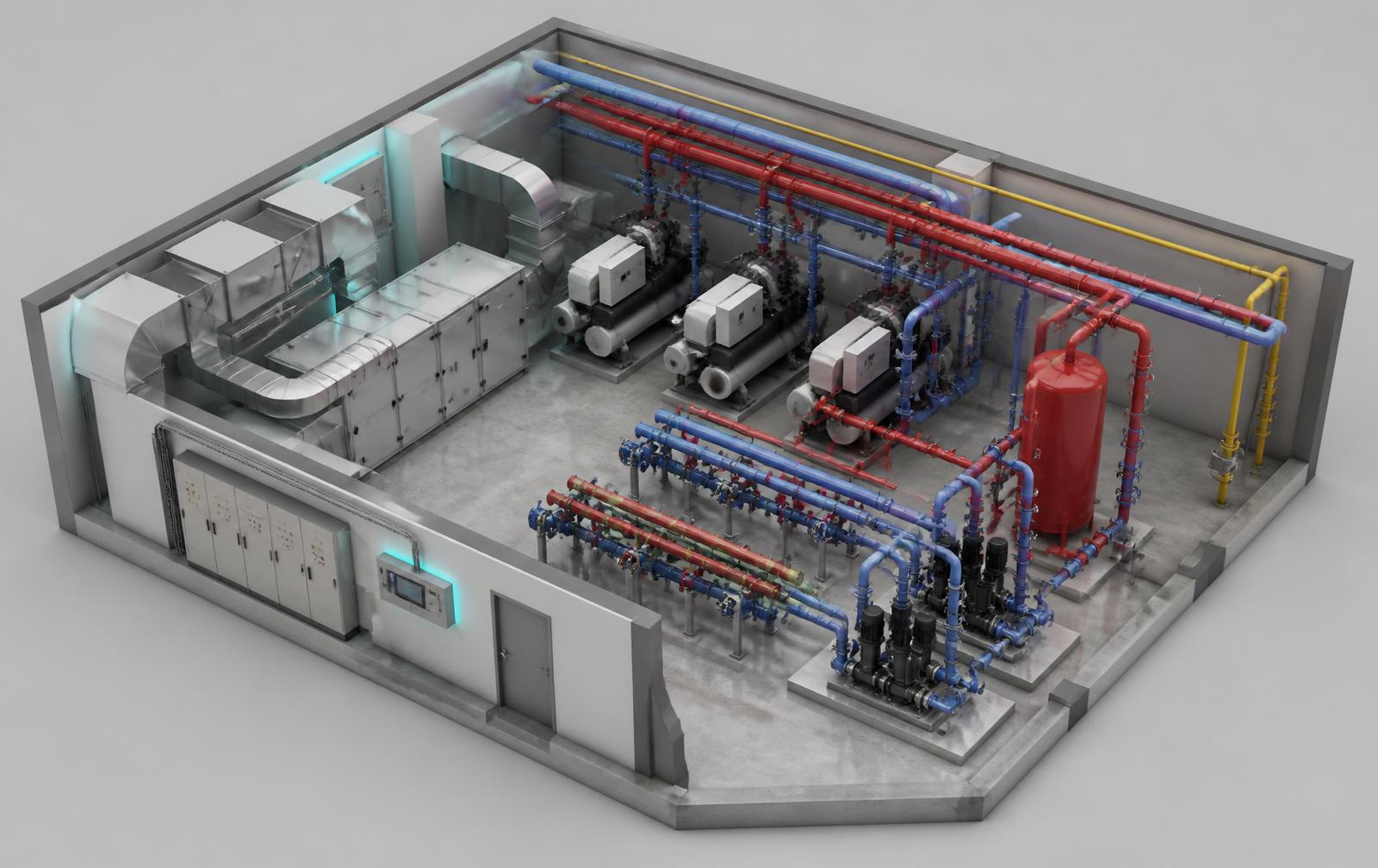 3D Revit model view of the central plantroom showing chillers, pumps, air handling units, headers and switchboards with commissioning status highlighted