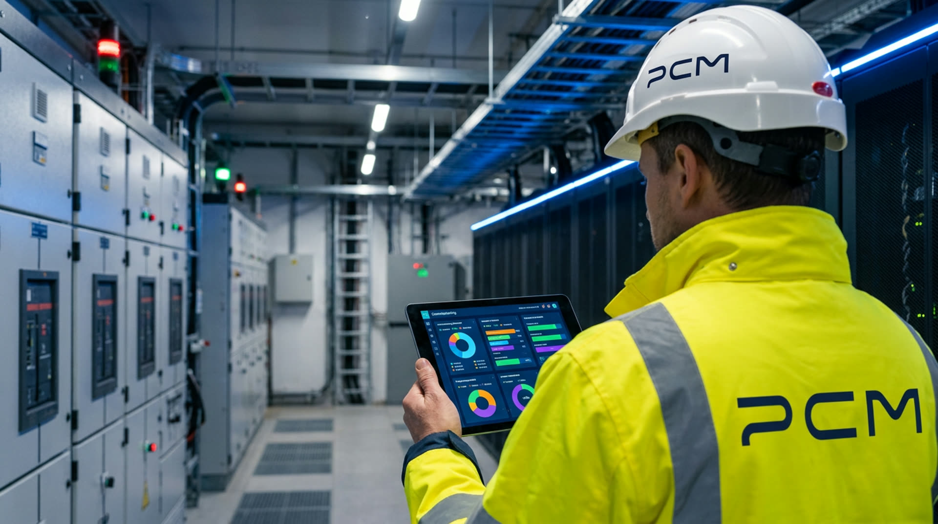 Digital twin overlay of a commercial building showing HVAC and MEP services — PCM commissioning management Perth